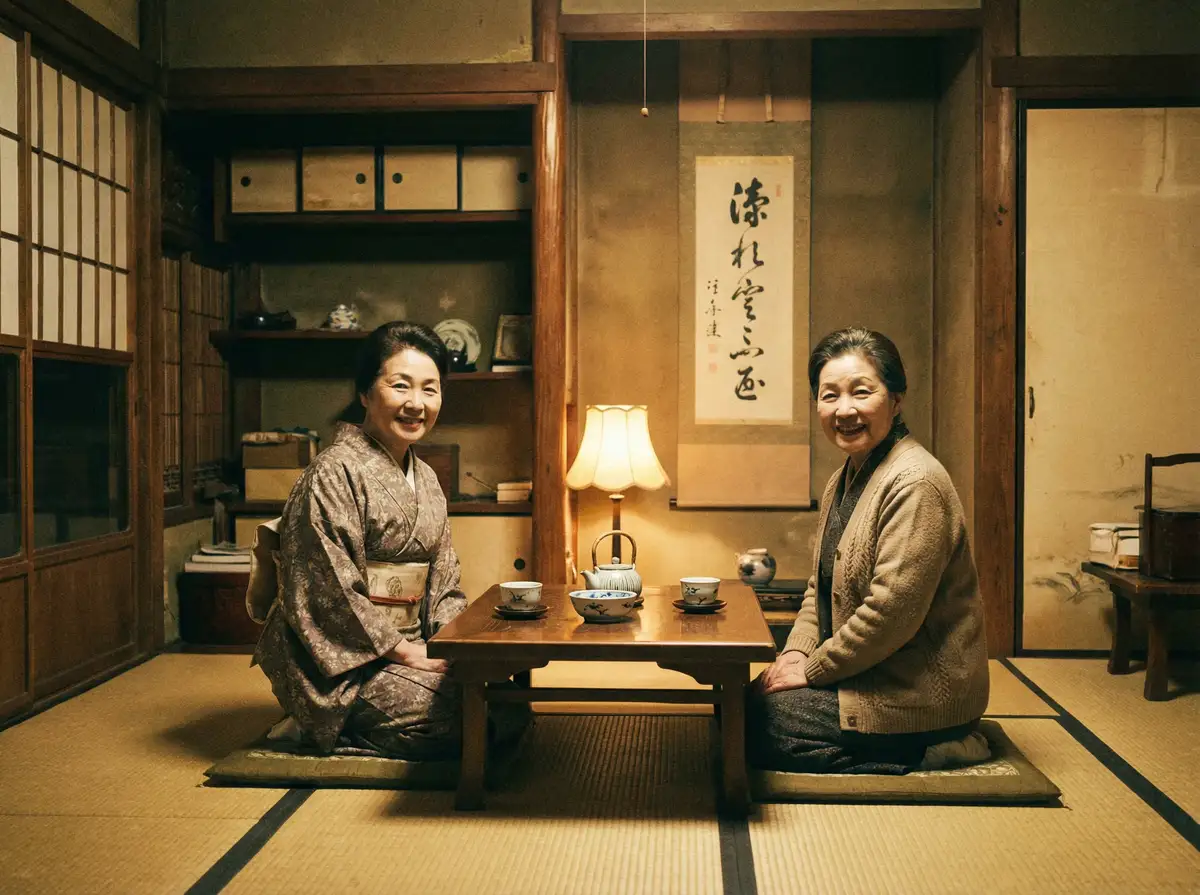 两位优雅的 天美传媒老师家访视频创美 在日式茶室中品茶交谈